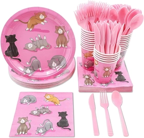 Image of Juvale Cat Birthday Party Supplies, Paper Plates, Napkins, Cups and Plastic Cutlery (Serves 24, 144 Pieces)