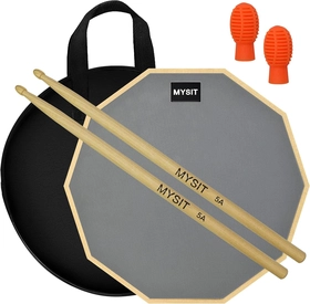 Image of MySit 12-Inch Drum Practice Pad and Sticks Set With 2pcs Silicone Drumstick Mute Tips, Double Sided Silent Snare Drum Pads With 5A Drum Sticks & Storage Bag for Real Feel Practice Drumming-Grey