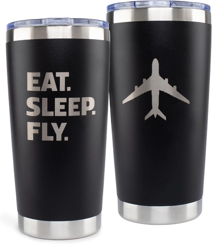 Foto de JENVIO Pilot Gifts | 20oz Laser Etched Stainless Steel Travel Tumbler Mug 2 Lids 2 Straws Gift Box and Card Included | Aviation Flight Attendant Airplane Decor Men Christmas
