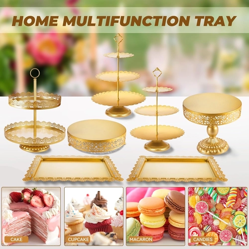 Foto de Gold Cake Stand, Metal Dessert Table Display Set Tiered Cupcake Holder Fruit Candy Donut Plate Serving Tower Tray Platter With Tong, Cake Knife and Server Set For Wedding, Birthday Party Decor 11PCS