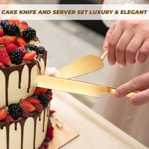 Foto de Gold Cake Stand, Metal Dessert Table Display Set Tiered Cupcake Holder Fruit Candy Donut Plate Serving Tower Tray Platter With Tong, Cake Knife and Server Set For Wedding, Birthday Party Decor 11PCS