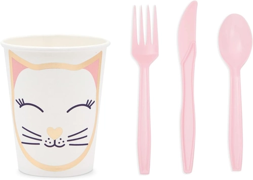 Foto de BLUE PANDA 144 Pieces Cat Themed Birthday Party Supplies, Kitty Dinnerware Set with Plates, Napkins, Cups, and Cutlery (Serves 24)