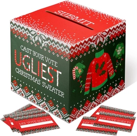 Image of Cholemy 51 Pcs Christmas Ugly Sweater Party Voting Cards Set 1 Ugly Sweater Contest Ballot Box and 50 Voting Cards for Xmas Ugly Sweater Party Favors Winter New Year Office Holiday Party Supplies