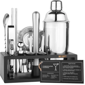 Image of Mixology Bartender Kit with Stand - 15 Piece Bar Tool Set, Silver Bar Set Cocktail Shaker Set for Drink Mixing - includes Martini Shaker, Jigger, Strainer, Bar Mixer Spoon, Tongs, Opener | Gift Idea
