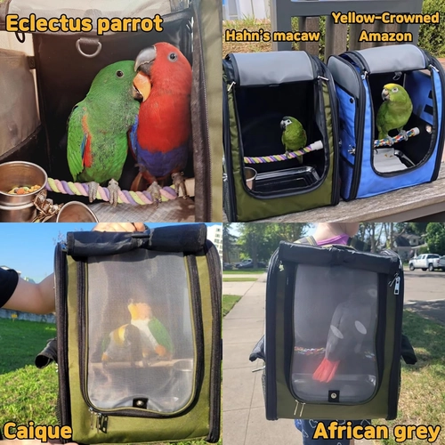 Foto de Bird Carrier Backpack-Parrot Travel Cage with 2PCS Perch and Food Bowl, Stainless Steel Tray (Dark Olive Green)