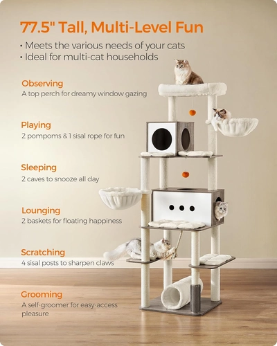 Foto de Feandrea Cat Tree, 77.5-Inch Tall Modern Cat Tower for Large Indoor Cats, Multi-Level Cat Condo with 2 Caves, 2 Hammocks, 4 Scratching Posts, Self-Groomer, Tunnel, Perch, Heather Greige UPCT193G01