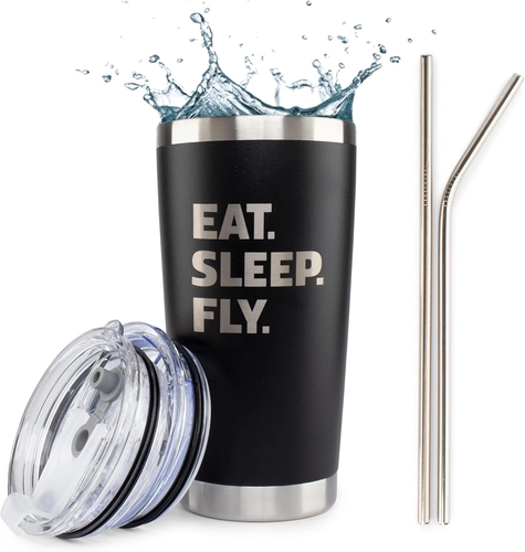 Foto de JENVIO Pilot Gifts | 20oz Laser Etched Stainless Steel Travel Tumbler Mug 2 Lids 2 Straws Gift Box and Card Included | Aviation Flight Attendant Airplane Decor Men Christmas