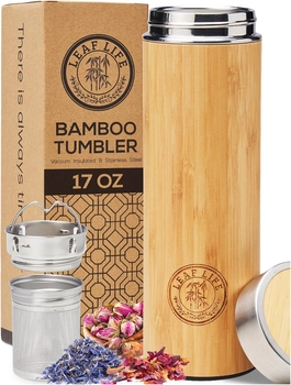 Image of Premium Bamboo Thermos with Tea Infuser for Loose Tea 17oz - Tea Gift Set - Insulated Water Bottle/Iced Coffee Tumbler - Unique Gifts for Women, Gifts For Women Who Have Everything, Mothers Day Gifts