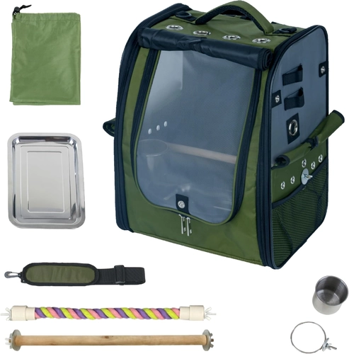Foto de Bird Carrier Backpack-Parrot Travel Cage with 2PCS Perch and Food Bowl, Stainless Steel Tray (Dark Olive Green)