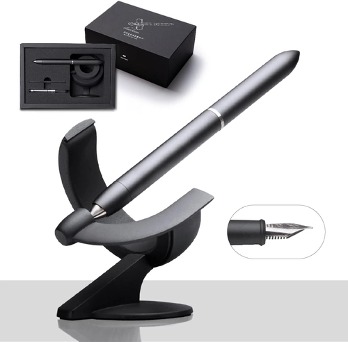 Foto de novium Hoverpen Future Edition - Fountain Pen Made of Metal, Fine Nib, Futuristic Aesthetic, Desk Luxury Pen, Free Spinning Executive Pen, Signing Pen, Gifts for Dad (Deep Black)