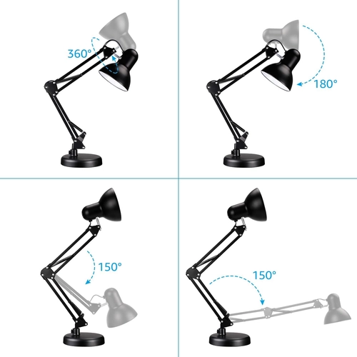 Foto de TORCHSTAR Metal Desk Lamp with Clamp, Swing Arm , Architect Adjustable Gooseneck Table Lamp, Clip Desk Lights for Home Office, Work, Study, Reading, E26 Base, Multi-Joint, Black