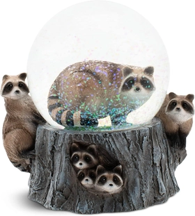 Image of Elanze Designs Raccoon Family 100 MM Tabletop Musical Glitter Snow Globe Figurine Play Tune Born Free