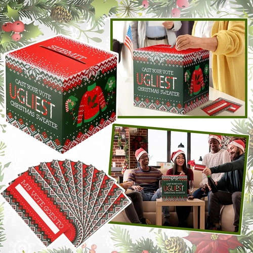 Foto de Cholemy 51 Pcs Christmas Ugly Sweater Party Voting Cards Set 1 Ugly Sweater Contest Ballot Box and 50 Voting Cards for Xmas Ugly Sweater Party Favors Winter New Year Office Holiday Party Supplies