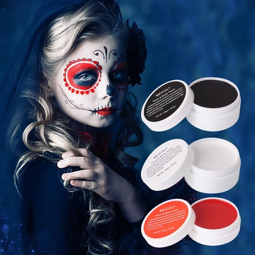 Foto de MEICOLY Clown Makeup Kit,White Black Red Face Body Paint for Halloween Devil Joker Zombie Vampire Skeleton SFX Makeup,Pro Oil Based Body Paint with 6 Painting Brushes,4 Sponges,130g/4.59 oz