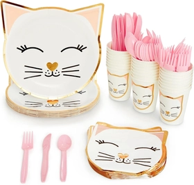 Image of BLUE PANDA 144 Pieces Cat Themed Birthday Party Supplies, Kitty Dinnerware Set with Plates, Napkins, Cups, and Cutlery (Serves 24)
