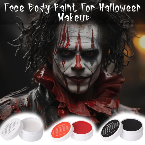 Foto de MEICOLY Clown Makeup Kit,White Black Red Face Body Paint for Halloween Devil Joker Zombie Vampire Skeleton SFX Makeup,Pro Oil Based Body Paint with 6 Painting Brushes,4 Sponges,130g/4.59 oz