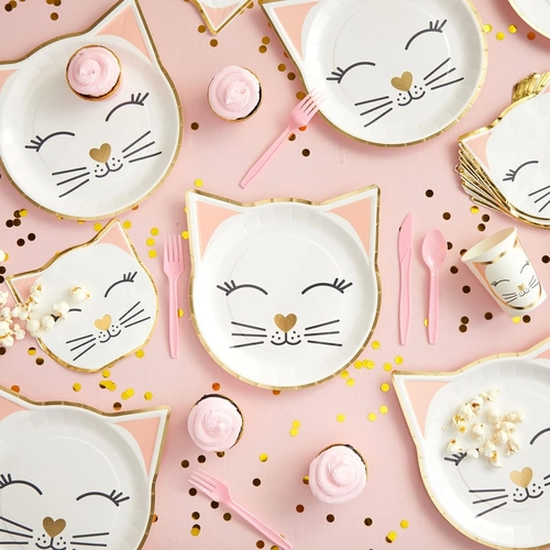 Foto de BLUE PANDA 144 Pieces Cat Themed Birthday Party Supplies, Kitty Dinnerware Set with Plates, Napkins, Cups, and Cutlery (Serves 24)