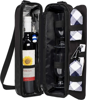 Image of ALLCAMP Wine tote Bag with Cooler Compartment，Picnic Set Carrying Two sets of tableware