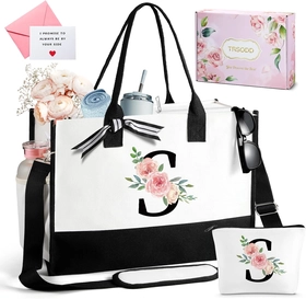 Image of TRSODD Birthday Gifts for Women, Personalized Mothers Day Gifts, Floral Tote Bag for Women w Makeup Bag, Bridesmaid Gifts, Beach Bag w Inner Pocket Side Pocket Shoulder Strap Card Gift Box S