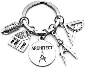 Image of Architect Keychain, Architectural Engineer Keychain, Architect Student, Architect Teacher, House Charm, Geometry Ruler, Compass, Ruler, Pencil Charm, Architect Gift, Architect Key Ring
