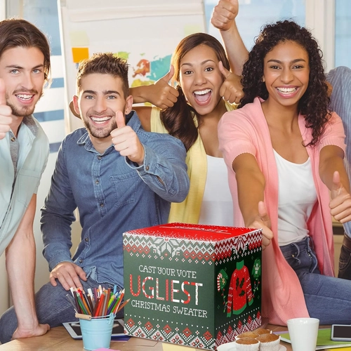 Foto de Cholemy 51 Pcs Christmas Ugly Sweater Party Voting Cards Set 1 Ugly Sweater Contest Ballot Box and 50 Voting Cards for Xmas Ugly Sweater Party Favors Winter New Year Office Holiday Party Supplies