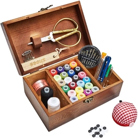 Image of Sewing Kit, Wooden Sewing Basket with Accessories, Sewing Box with Sewing Kit Accessories for Home Repair Tool Set for Beginners/Women/Men/Girls/Kids
