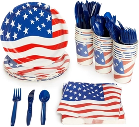 Image of Juvale 144 Piece Patriotic Party Supplies - American Flag Plates, Napkins, Cups, Cutlery for 4th of July, Memorial Day Decorations (Serves 24)