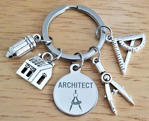 Foto de Architect Keychain, Architectural Engineer Keychain, Architect Student, Architect Teacher, House Charm, Geometry Ruler, Compass, Ruler, Pencil Charm, Architect Gift, Architect Key Ring