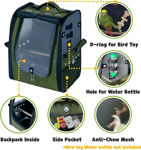 Foto de Bird Carrier Backpack-Parrot Travel Cage with 2PCS Perch and Food Bowl, Stainless Steel Tray (Dark Olive Green)