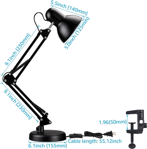 Foto de TORCHSTAR Metal Desk Lamp with Clamp, Swing Arm , Architect Adjustable Gooseneck Table Lamp, Clip Desk Lights for Home Office, Work, Study, Reading, E26 Base, Multi-Joint, Black