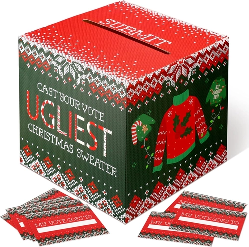 Foto de Cholemy 51 Pcs Christmas Ugly Sweater Party Voting Cards Set 1 Ugly Sweater Contest Ballot Box and 50 Voting Cards for Xmas Ugly Sweater Party Favors Winter New Year Office Holiday Party Supplies