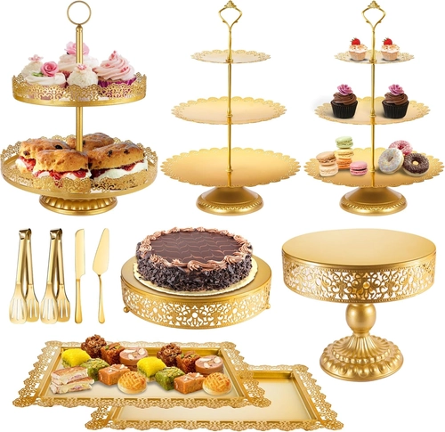Foto de Gold Cake Stand, Metal Dessert Table Display Set Tiered Cupcake Holder Fruit Candy Donut Plate Serving Tower Tray Platter With Tong, Cake Knife and Server Set For Wedding, Birthday Party Decor 11PCS