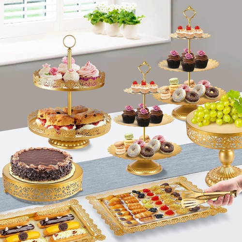 Foto de Gold Cake Stand, Metal Dessert Table Display Set Tiered Cupcake Holder Fruit Candy Donut Plate Serving Tower Tray Platter With Tong, Cake Knife and Server Set For Wedding, Birthday Party Decor 11PCS