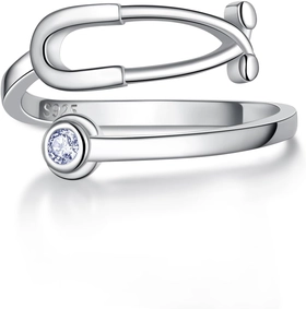 Image of YLT Stethoscope Medicine Birthstone Ring Sterling Silver Heartbeat Jewelry for Doctor Nurse Medical Student RN Nurse Gifts for Women