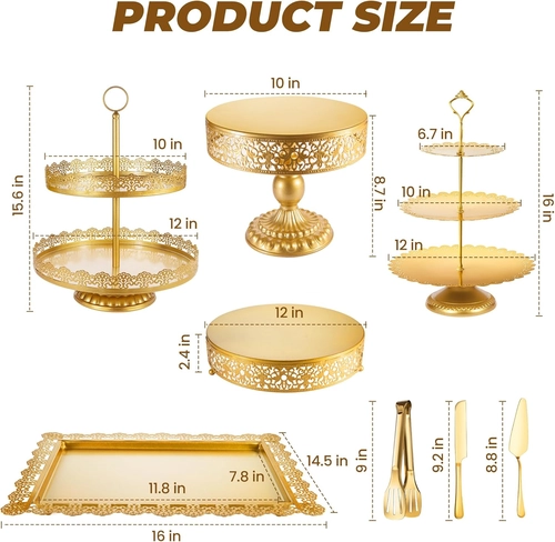 Foto de Gold Cake Stand, Metal Dessert Table Display Set Tiered Cupcake Holder Fruit Candy Donut Plate Serving Tower Tray Platter With Tong, Cake Knife and Server Set For Wedding, Birthday Party Decor 11PCS