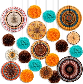 Image of Epakh 21 Pcs Native American Heritage Month Decorations Hanging Paper Fans Paper Pom Poms Month Indigenous Pride Classroom Decorations Double Sided Printing Paper Fans for American Party Supplies